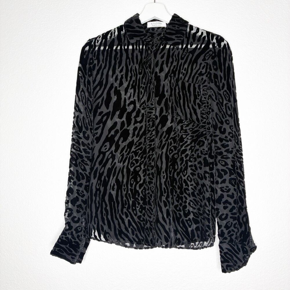 Altuzarra Black Leopard Velvet Burnout Button Up Top S